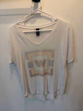 Soft V-Neck Graphic Tee - White with Muted Multi-Color Print